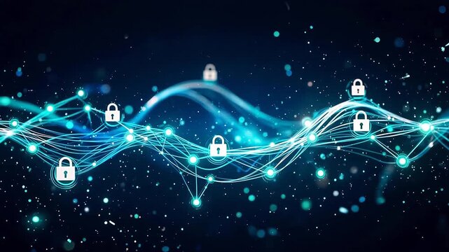 Glowing Blue Digital Network with Padlock Icons Representing Cybersecurity and Encrypted Data Flow