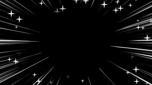 Comic Focus Lines with Stars Loop Animation Black Background, Manga Style Radial Speed Lines	