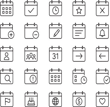 Set of simple black outline calendar icons for business and planning