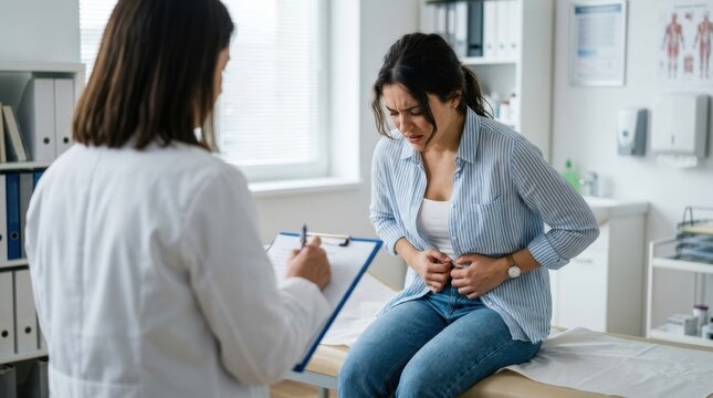 Young woman experiencing severe abdominal pain sits on examination table while professional female doctor takes notes during medical consultation in a bright clinic office to diagnose stomach issues