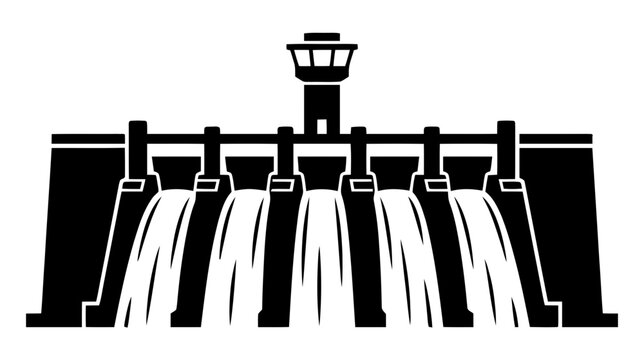 Vector illustration of black and white icon of a hydroelectric dam with water flowing over spillways on a transparent background