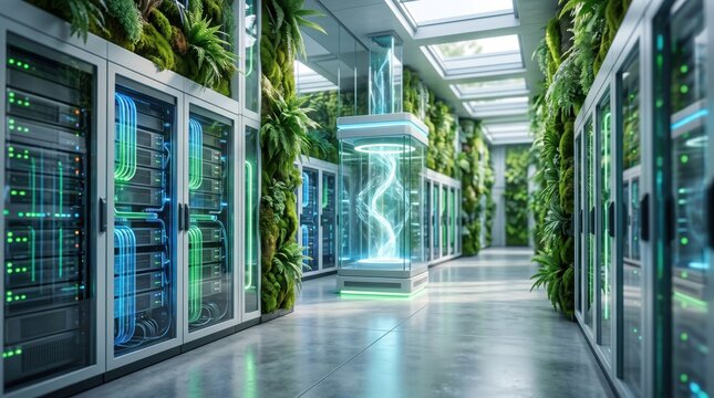 Eco-friendly green server room with vertical garden walls, sustainable data center technology, biophilic design, futuristic energy efficient infrastructure, nature integrated wi...