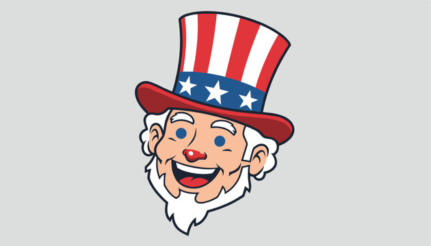 Happy cartoon illustration of Uncle Sam head wearing the iconic red, white, and blue hat with stars on a grey background.