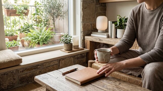Person relaxing with coffee mug and leather journal by window, cozy home atmosphere, mindfulness moment, peaceful morning routine, self care lifestyle, quiet reflection time ind...
