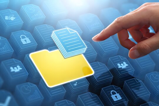 Business files and folders storing in document management system DMS server. Businessman touching file and folder icon on many files.