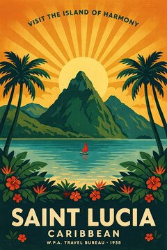 Vintage Travel Poster: Discover Saint Lucia's Tropical Scenery, Palm Trees, and Ocean View in Retro Design