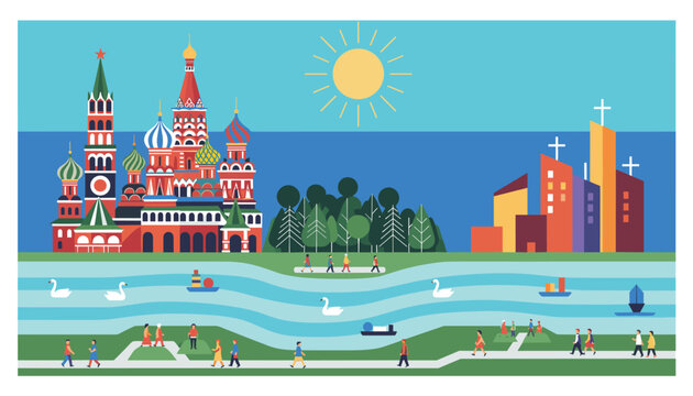 Beautiful panoramic illustration of moscow city with iconic kremlin cathedrals, modern buildings, and a river.