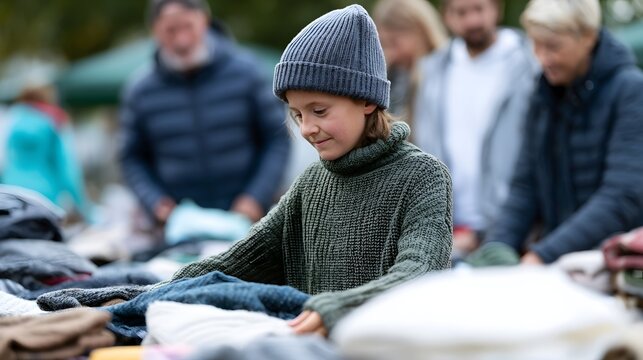 A young child wearing a knit hat and sweater browses through piles of secondhand clothing at an outdoor market