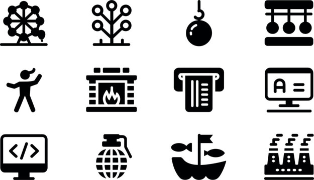 Miscellaneous black glyph vector icon set isolated on white background featuring coding industry fireplace grenade boat and tech symbols