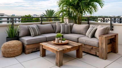 Obraz premium Outdoor living space on rooftop terrace with city view