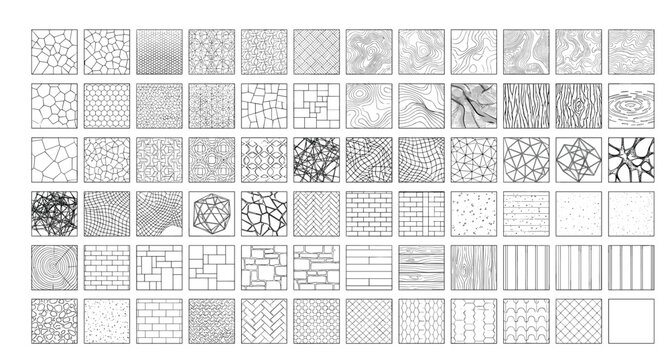 Minimalist architectural hatch patterns, set of 60 geometric vector swatches, technical drawing textures for CAD and landscape design