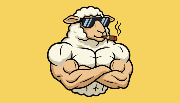 Cool muscular white sheep wears black sunglasses and smokes a lit cigar with a confident smirk on a yellow background.