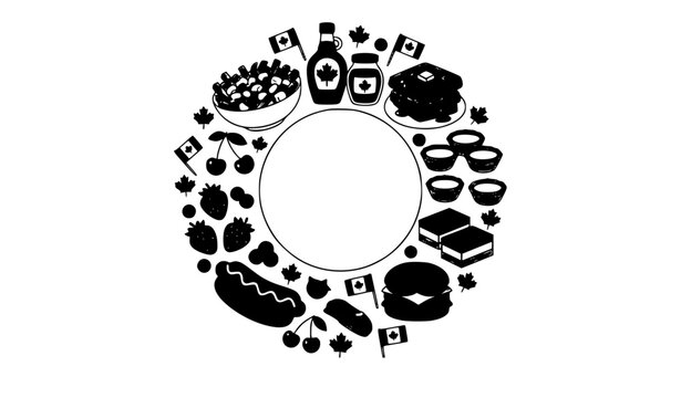 canada, canadian, celebration, holiday, party, food, poutine, maple, waffles, burgers, hotdogs, berries, cherries, dessert, pastry, syrup, festive, flag, leaf, picnic, cuisine, snack, vector, illustra