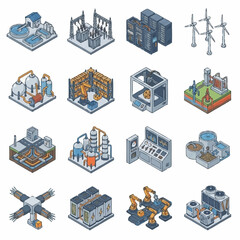 Fototapeta premium Isometric illustrations of industrial and technological buildings and machinery.