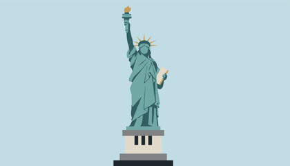 Fototapeta premium Iconic Statue of Liberty stands tall in shades of green against a pale blue sky holding a torch and a tablet on its base.