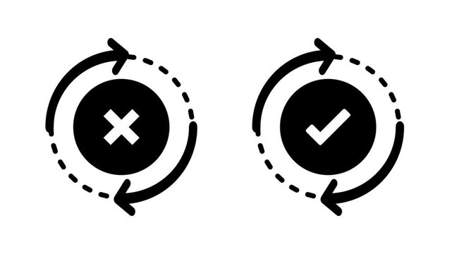 Pair of circular sync icons with dotted arrows where one displays an x mark for a failed action and the other shows a checkmark for successful sync