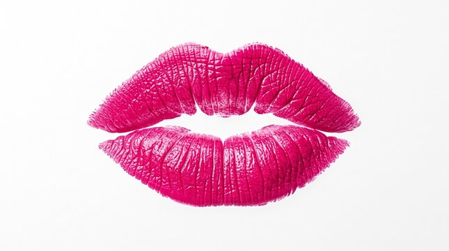 Bright pink lipstick kiss print on white background