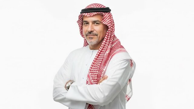 A confident middle aged arab man wearing a traditional white thobe and ghutra