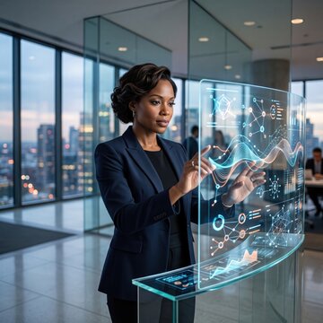 A young African-American businesswoman is analyzing data on a large digital screen in a modern office lobby for financial market research and analysis purposes in the technology.