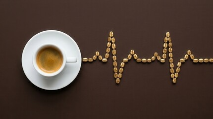 Rich espresso cup next to heart rate pulse line made of golden roasted coffee beans on a dark brown background, symbolizing energy caffeine boost and health vitality for a productive morning routines.