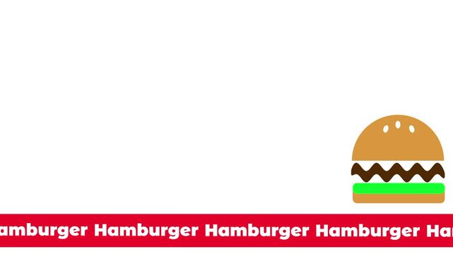 Rising staircase bar chart with a colorful hamburger icon placed at its peak and repeated hamburger text scrolling below representing food sales rise