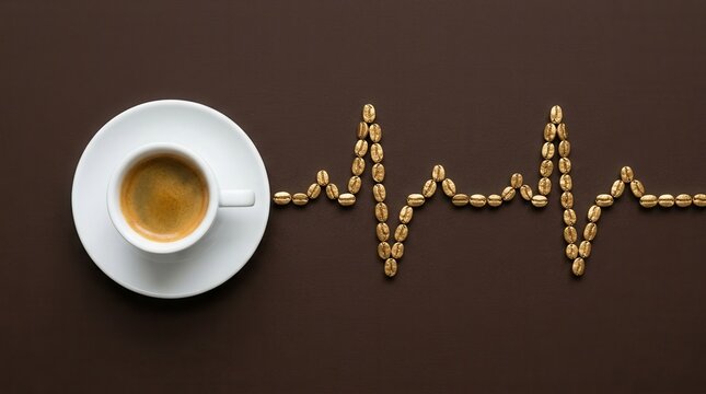 Rich espresso cup next to heart rate pulse line made of golden roasted coffee beans on a dark brown background, symbolizing energy caffeine boost and health vitality for a productive morning routines.