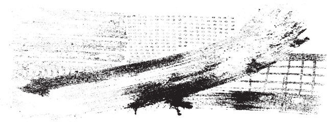 Grungy abstract texture with black paint splatters and grid patterns on white background for industrial style graphic design and creative digital art overlays and masks © DARK GRASS