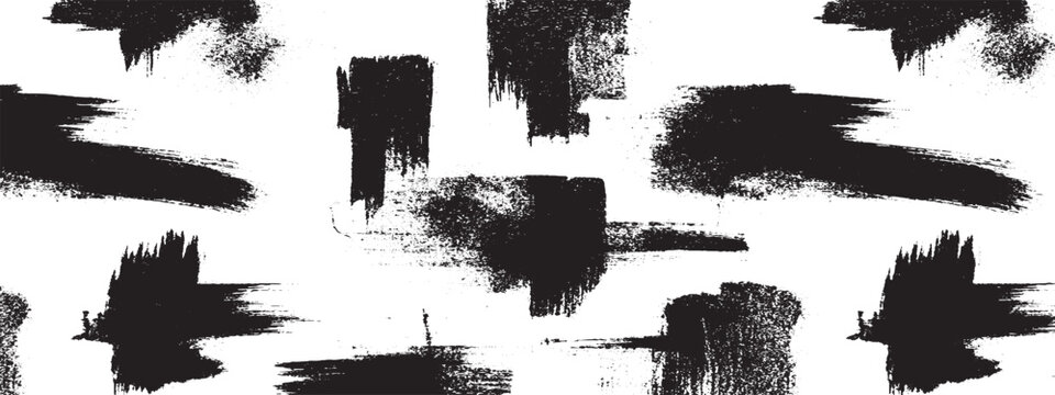Artistic black brush strokes and paint splatters on white background creating dynamic abstract texture for modern design and creative digital projects with high contrast
