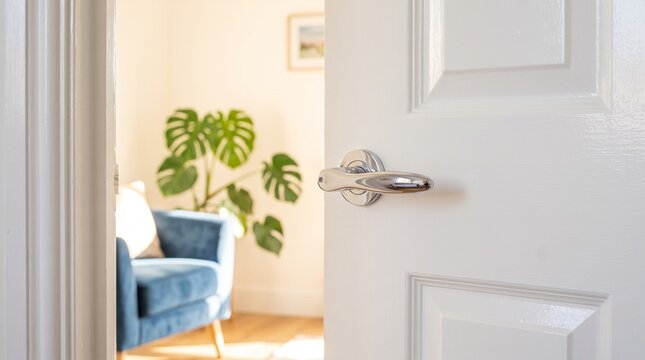 Open white door with chrome handle leading to a cozy living room