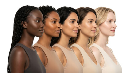 Obraz premium Five women diverse skin tones and hair styles studio portrait diversity