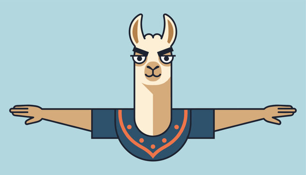 Tall llama with a serious expression stands in a human like T-pose wearing a patterned blue and orange shirt in a cartoon.