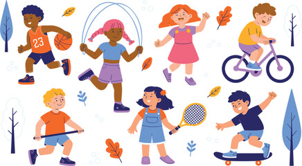  Kids outdoor sports gear vector set with flat design skateboard basketball and tennis racket clipart © Siddika