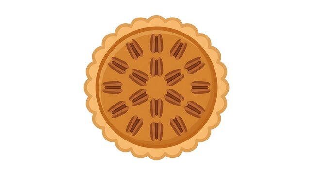 Clean flat vector illustration of a whole baked Thanksgiving pecan pie with a fluted crust, topped with symmetrically arranged pecan nuts, top view perspective. Isolated on a plain white background, i