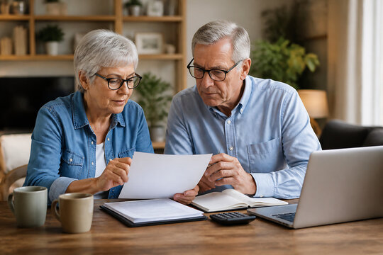 An older couple reviews documents at a wooden table indoors.