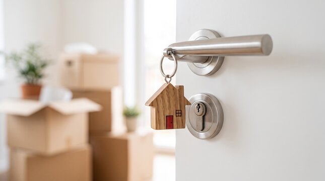 House key with wooden house keychain in a new home with moving boxes