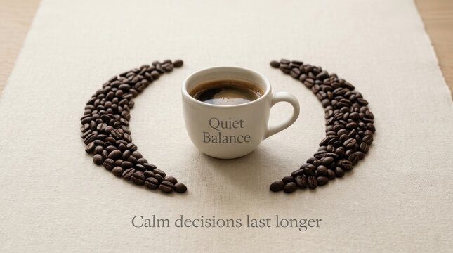 Minimalist white espresso cup with Quiet Balance text sits on linen fabric framed by roasted coffee beans in crescent shapes with motivational quote about calm decisions and inner peace for