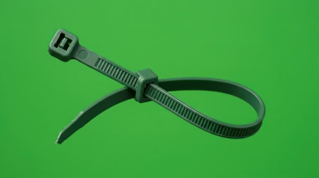 Dark green plastic zip tie fastener on green background