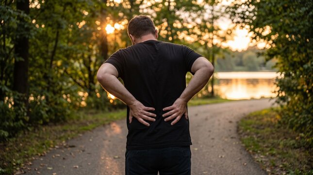 Rear view of man holding lower back with pain standing outdoors during sunset lower backache