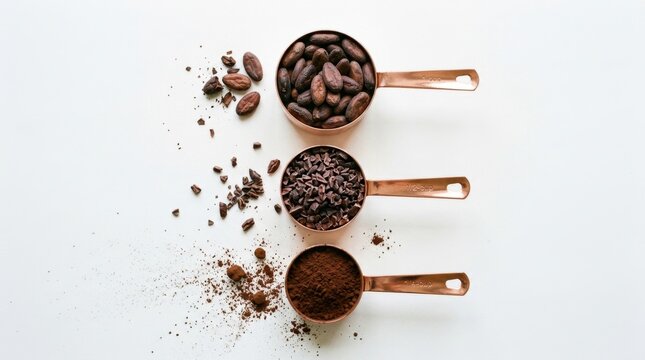 Organic raw cacao beans nibs and cocoa powder displayed in copper measuring cups against a clean white background, showcasing the chocolate making process for baking and gourmet food product branding.