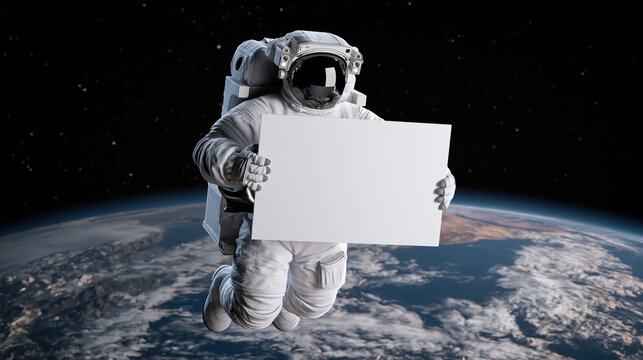 Floating astronaut holding blank placard in outer space above earth, isolated and calm