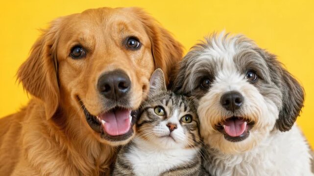 Happy golden retriever dog and cute mixed breed dog with tabby cat close up on yellow background