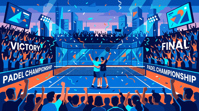 Padel Championship Victory Celebration With Crowd And Cityscape Background