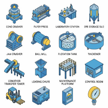 Isometric Industrial Equipment and Machinery Icons Set.