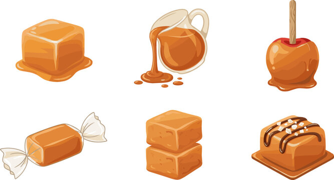 Sweet Caramel Sweets and Confectionery Vector Set Featuring Caramel Cube Sauce Pitcher Candy Apple Wrapped Toffee Fudge and Chocolate Drizzled Brownie Elements