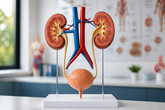 A detailed anatomical model of the human urinary system on a white surface in a medical setting.