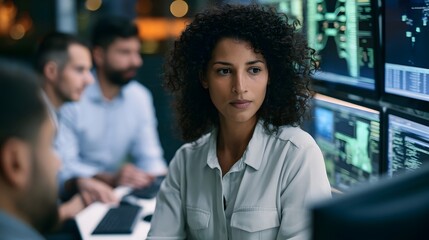 Fototapeta premium A focused woman with curly hair sits at a workstation surrounded by multiple computer monitors displaying technical data