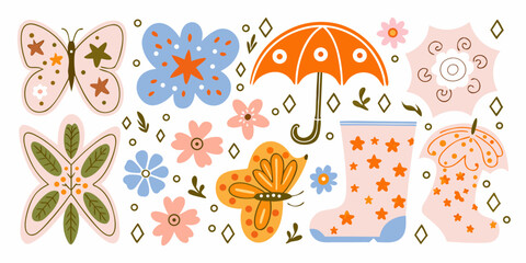 Floral ornament with butterflies umbrella and rain boots vector illustration © Tathai