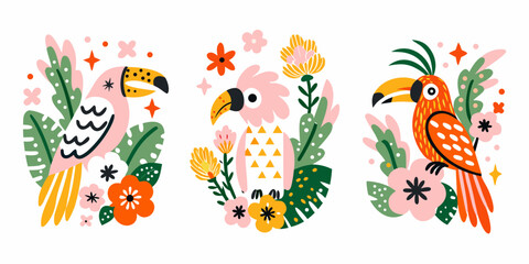 Obraz premium Tropical Parrots And Plants Colorful Vector Illustration