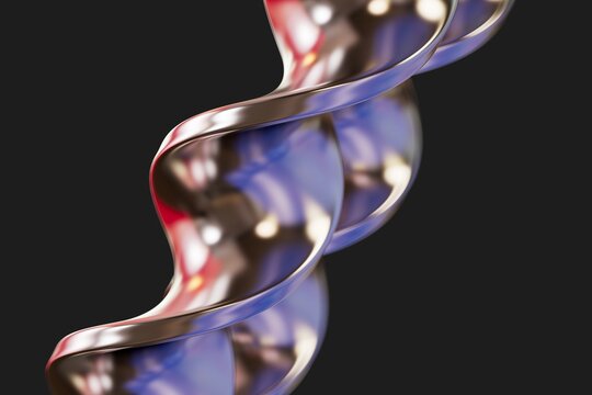 Close up of transparent twisted glass spiral with colored reflections 3D computer generated