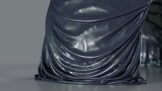 Dark glossy draped fabric column on reflective surface 3D computer generated